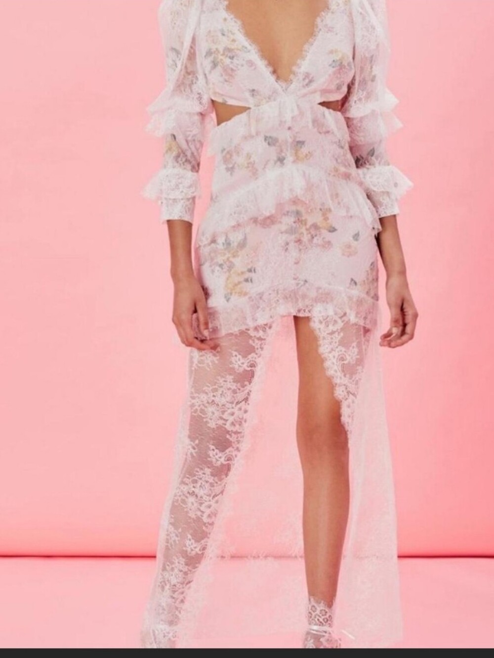 For Love And Lemons Pink Lace Ruffle Sheer Maxi Slip Dress